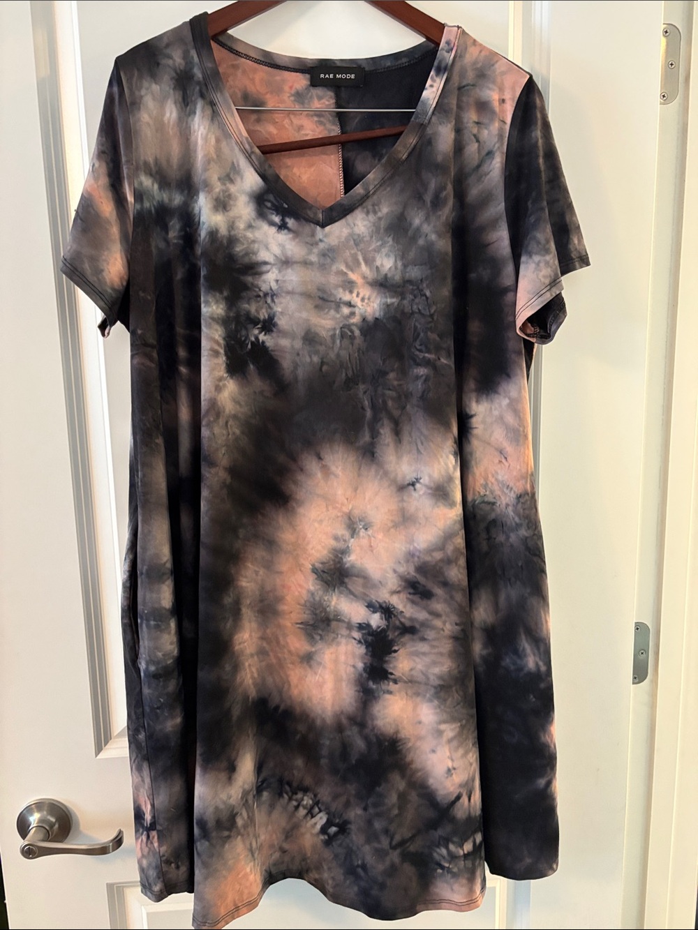 Rae Mode V-Neck Tie-Dye Short Sleeve T-Shirt Dress - Black & Peach